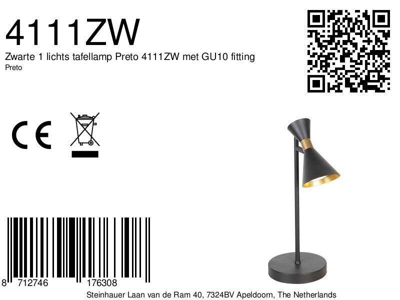 Zwarte 1 lichts tafellamp preto 4111zw met gu10 fitting