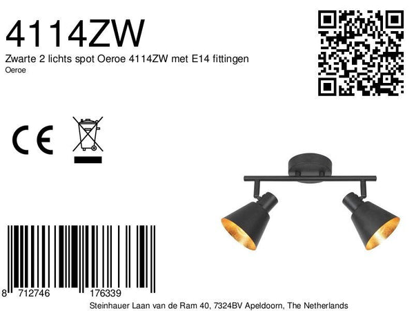 Zwarte 2 lichts spot oeroe 4114zw met e14 fittingen