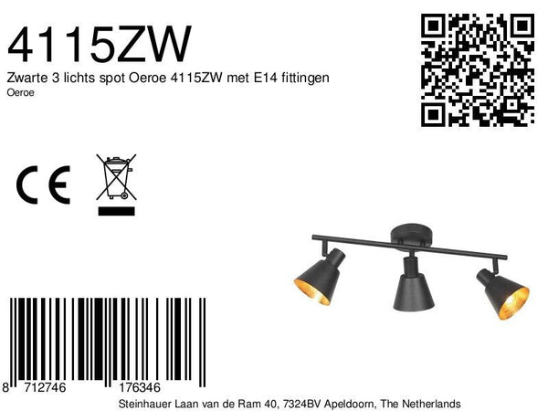 Zwarte 3 lichts spot oeroe 4115zw met e14 fittingen