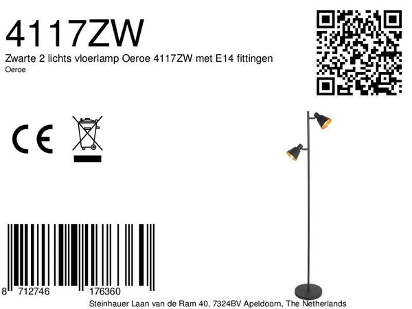 Zwarte 2 lichts vloerlamp oeroe 4117zw met e14 fittingen