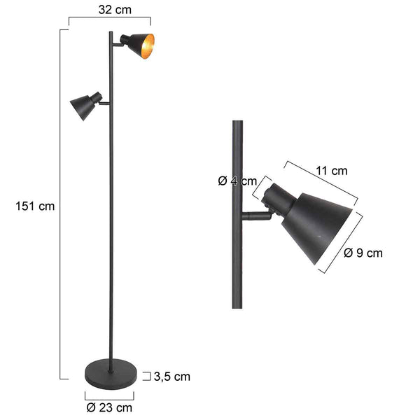 Zwarte 2 lichts vloerlamp oeroe 4117zw met e14 fittingen