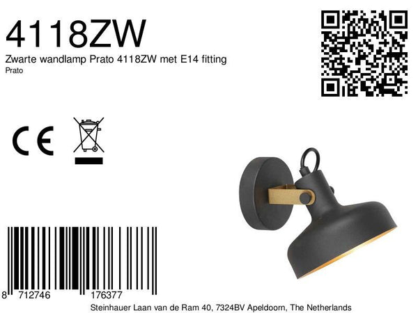 Zwarte wandlamp prato 4118zw met e14 fitting
