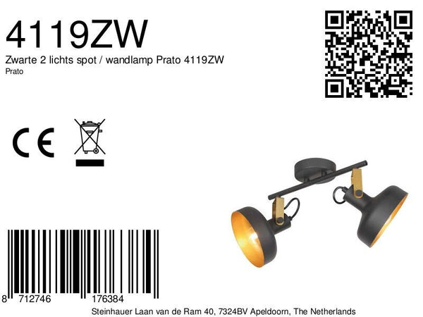 Zwarte 2 lichts spot / wandlamp prato 4119zw