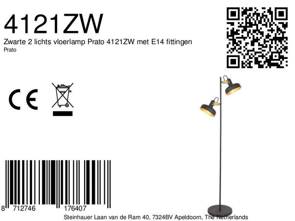 Zwarte 2 lichts vloerlamp prato 4121zw met e14 fittingen