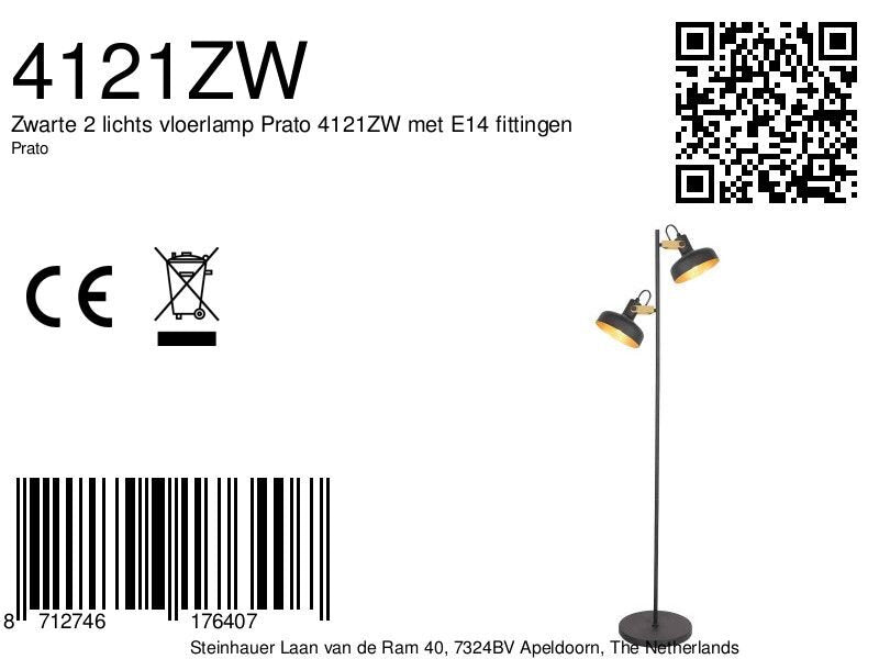 Zwarte 2 lichts vloerlamp prato 4121zw met e14 fittingen
