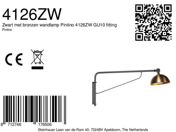 Zwart met bronzen wandlamp Pintino 4126ZW GU10 fitting