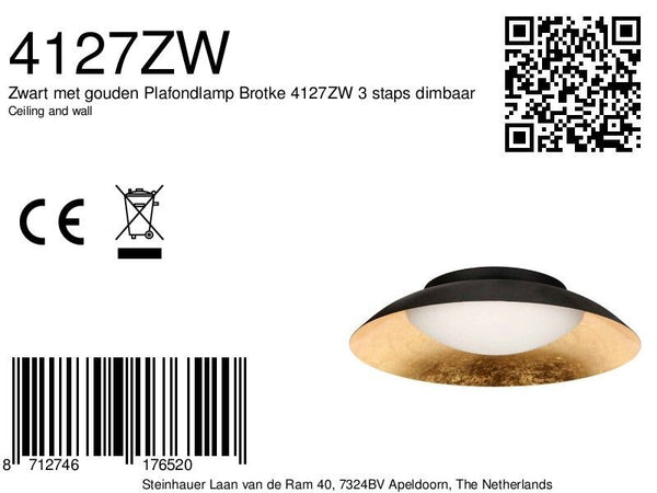 Zwart met gouden Plafondlamp Brotke 4127ZW 3 staps dimbaar