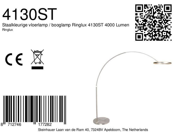 Booglamp ringlux 4130st staalkleurige led vloerlamp met klasse