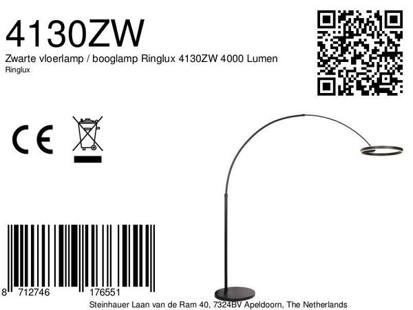 Booglamp ringlux 4130zw zwarte led vloerlamp met allure