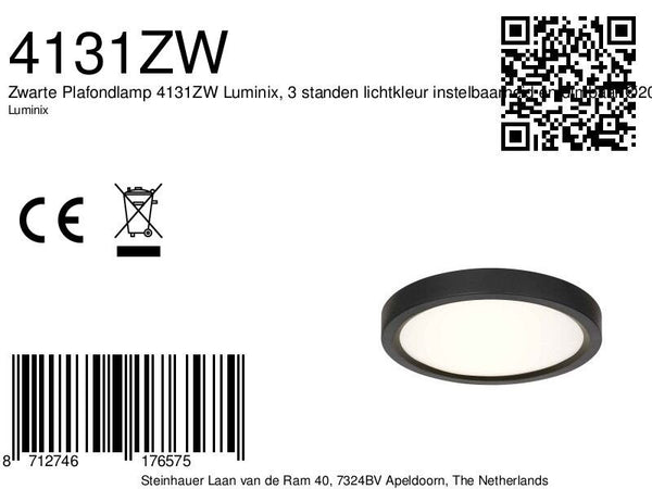 Zwarte Plafondlamp 4131ZW met 3 standen dimfunctie en lichtkleur instelbaarheid Ø20 cm