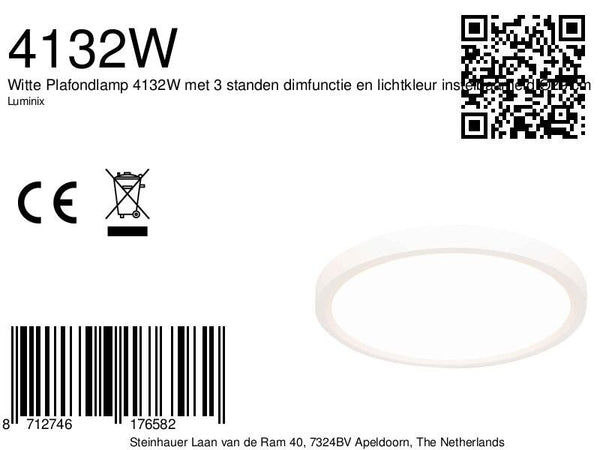 Witte Plafondlamp 4132W met 3 standen dimfunctie en lichtkleur instelbaarheid Ø29 cm