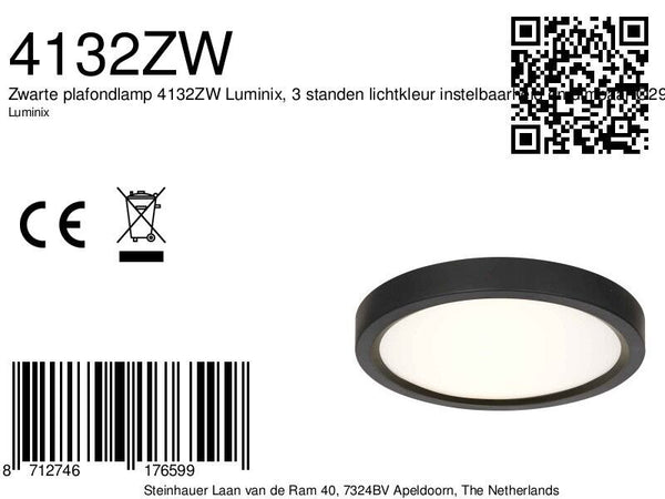 Zwarte Plafondlamp 4132ZW met 3 standen dimfunctie en lichtkleur instelbaarheid Ø29 cm