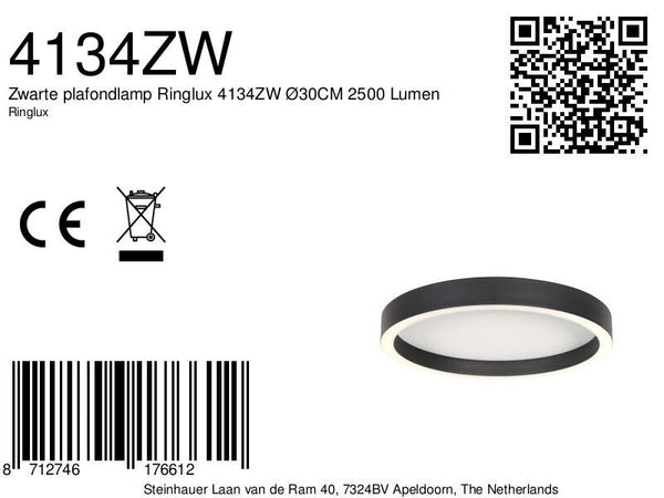 Zwarte plafondlamp ringlux 4134zw ø30cm 2500 lumen
