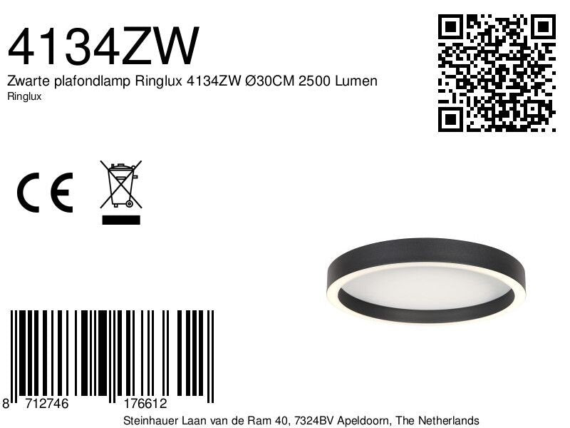 Zwarte plafondlamp ringlux 4134zw ø30cm 2500 lumen