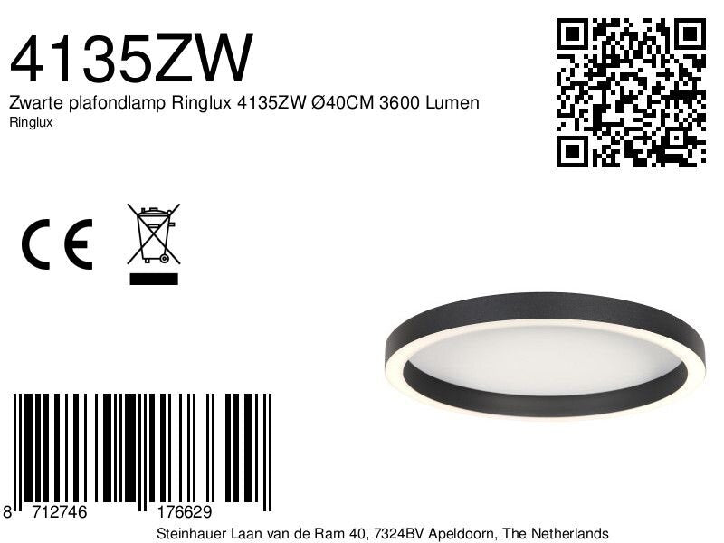 Zwarte plafondlamp ringlux 4135zw ø40cm 3600 lumen