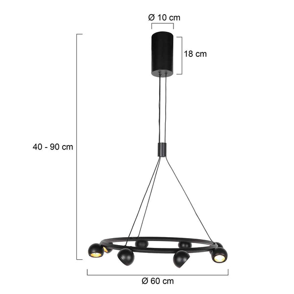 8 Lichts zwarte ronde hanglamp Marcadore ø60 cm