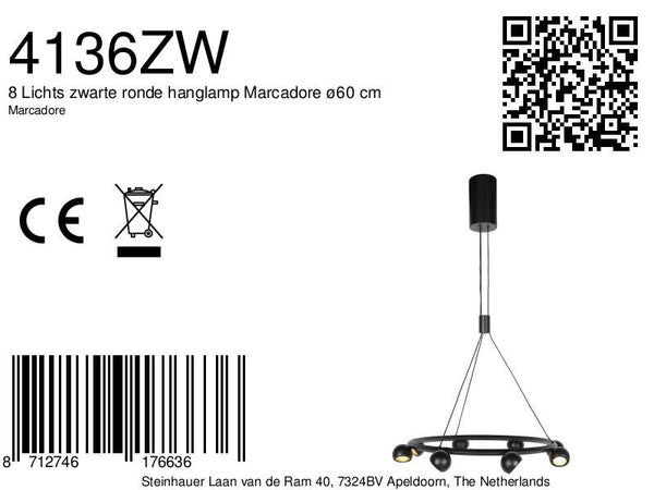 8 Lichts zwarte ronde hanglamp Marcadore ø60 cm