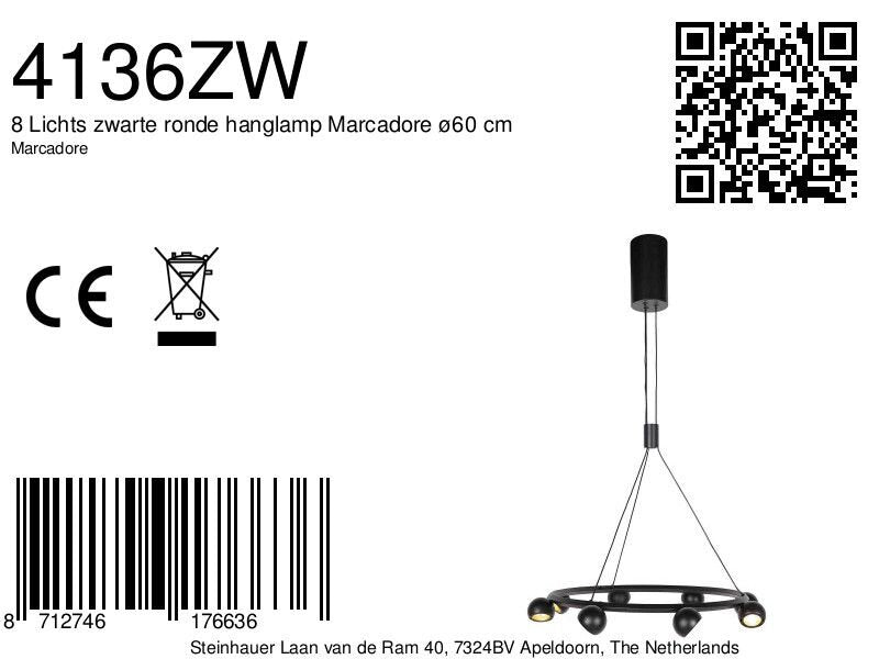 8 Lichts zwarte ronde hanglamp Marcadore ø60 cm