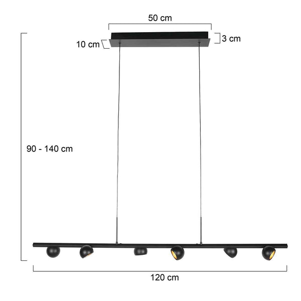 Zwarte hanglamp Marcadore 120cm breed 6 lichts