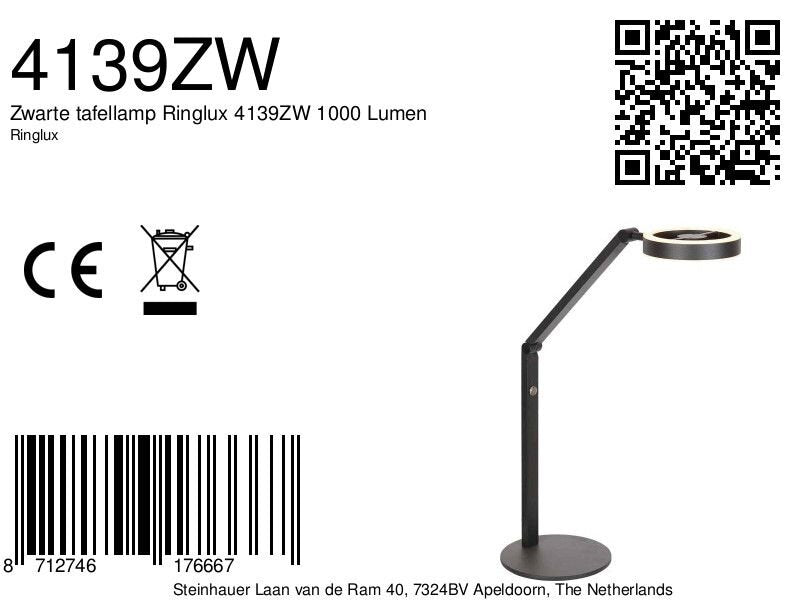Zwarte tafellamp Ringlux 4139ZW 1000 Lumen
