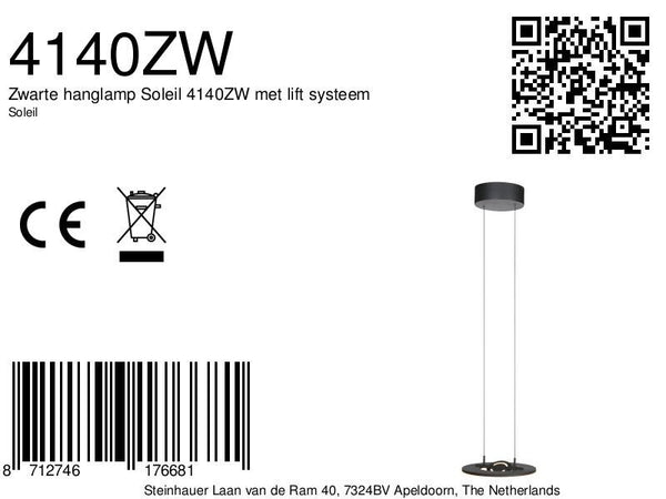 Zwarte hanglamp Soleil 4140ZW met lift systeem