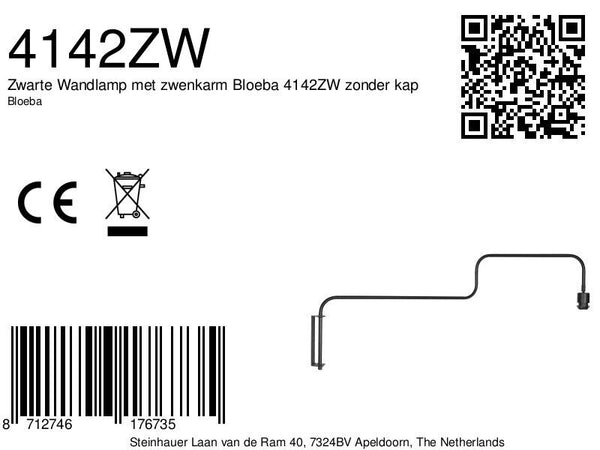 Zwarte Wandlamp met zwenkarm Bloeba 4142ZW zonder kap