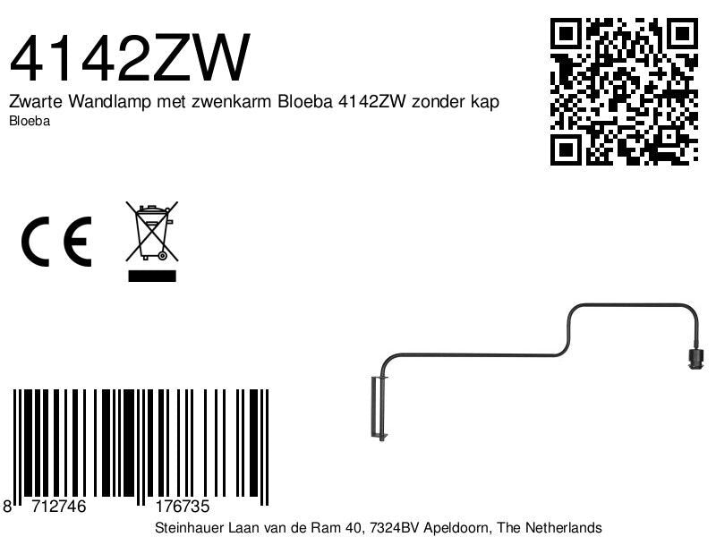 Zwarte Wandlamp met zwenkarm Bloeba 4142ZW zonder kap