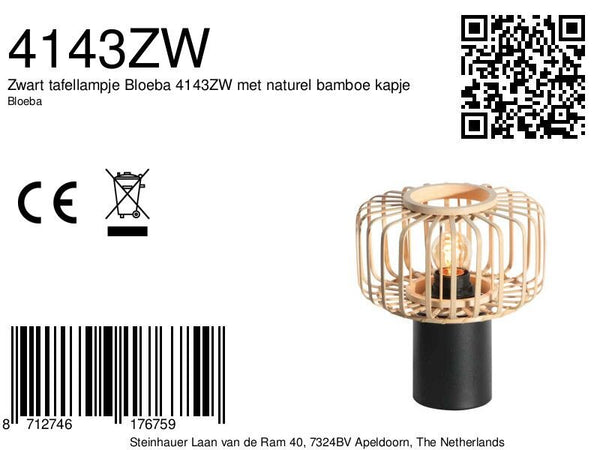 Zwart tafellampje Bloeba 4143ZW met naturel bamboe kapje