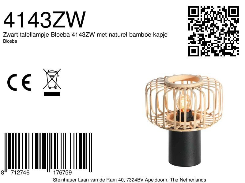 Zwart tafellampje Bloeba 4143ZW met naturel bamboe kapje
