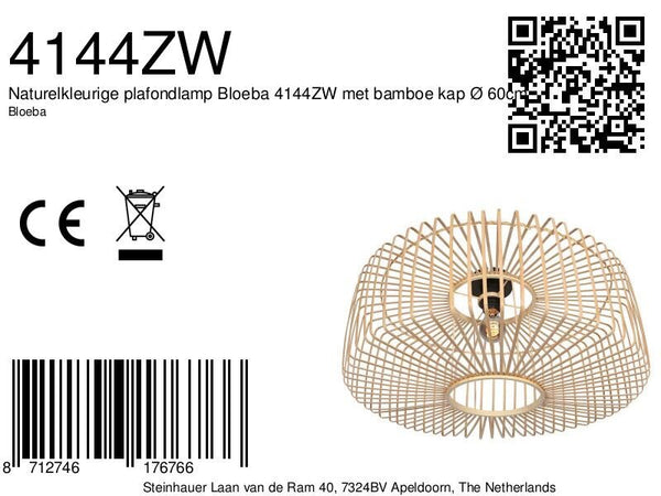 Naturelkleurige plafondlamp Bloeba 4144ZW met bamboe kap Ø 60cm