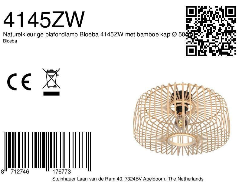 Naturelkleurige plafondlamp Bloeba 4145ZW met bamboe kap Ø 50cm