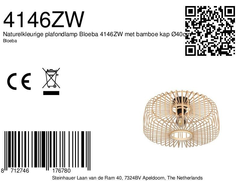 Naturelkleurige plafondlamp Bloeba 4146ZW met bamboe kap Ø40cm