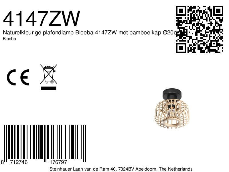 Plafondlamp breeza-beach 4147zw zwart met bamboe kap ø20 cm