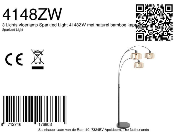 3 Lichts vloerlamp Sparkled Light 4148ZW met naturel bamboe kappen