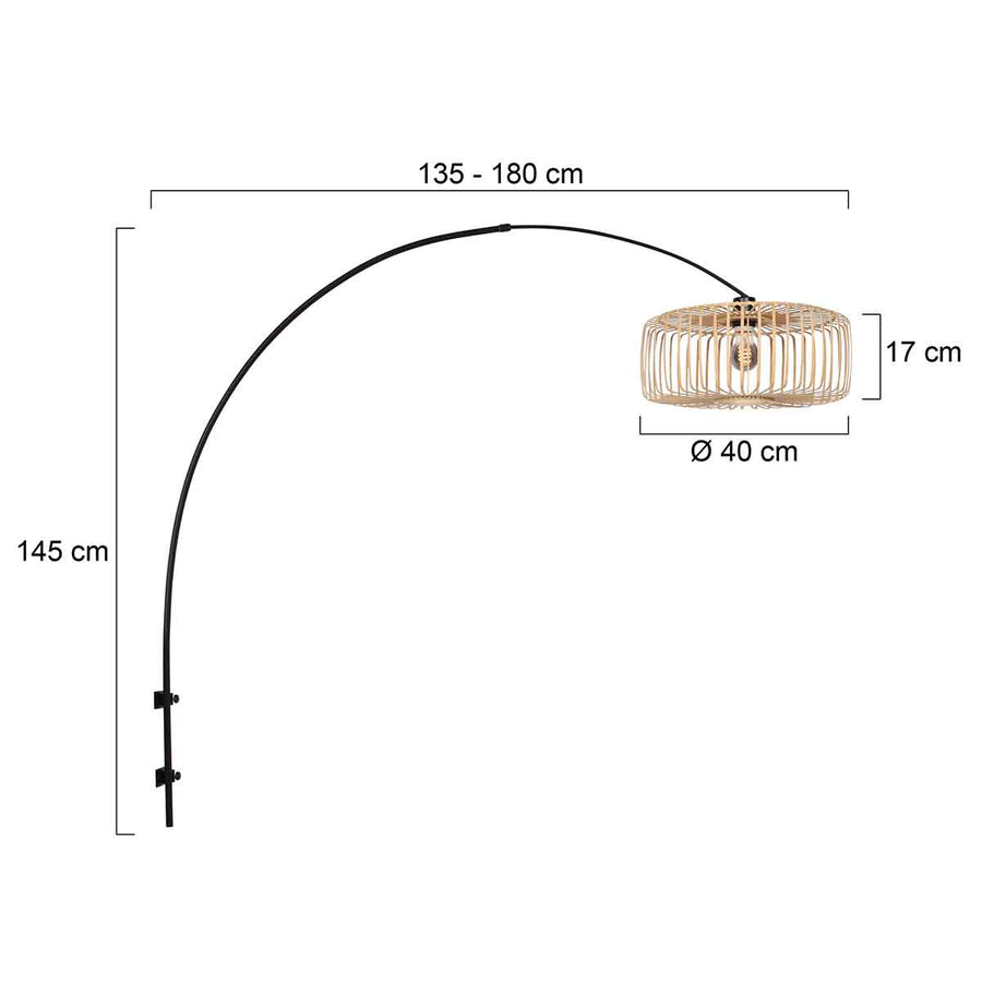 Zwarte boog wandlamp Sparkled Light 4151ZW met naturel bamboe kap