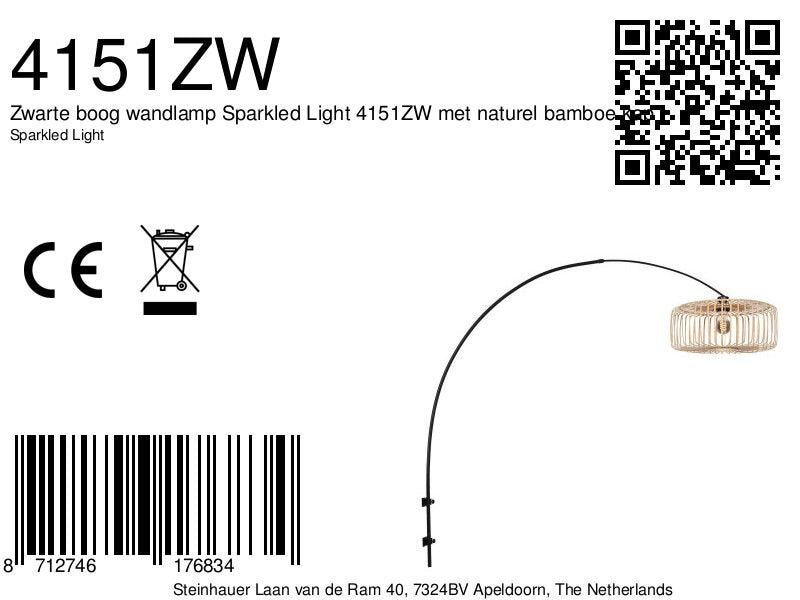 Zwarte boog wandlamp Sparkled Light 4151ZW met naturel bamboe kap