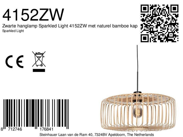Zwarte hanglamp Sparkled Light 4152ZW met naturel bamboe kap