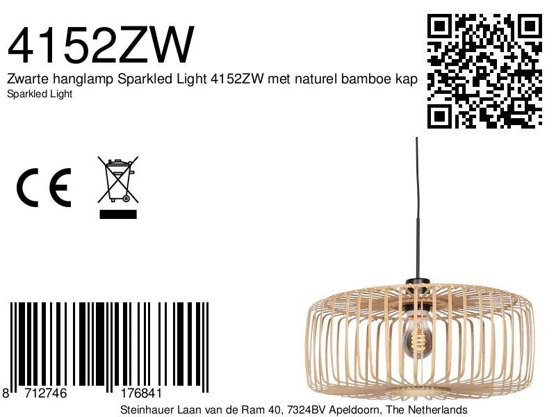 Zwarte hanglamp Sparkled Light 4152ZW met naturel bamboe kap