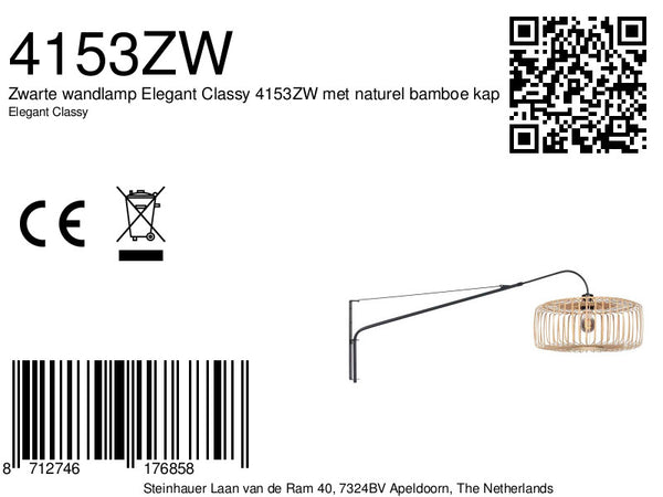 Wandlamp breeza-beach 4153zw zwart met bamboe kap ø50 cm