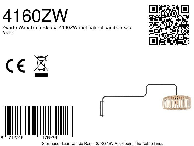 Zwarte Wandlamp Bloeba 4160ZW met naturel bamboe kap