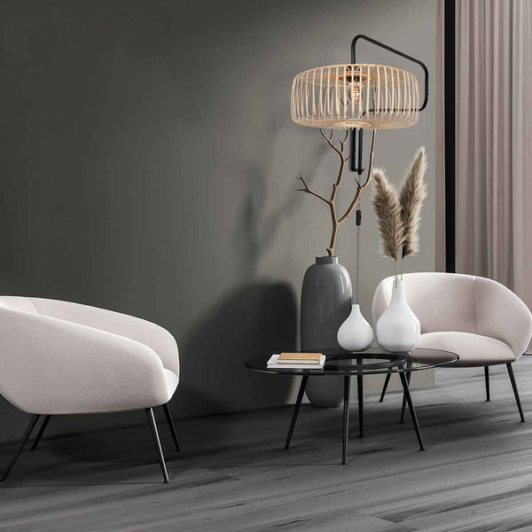 Zwarte Wandlamp Bloeba 4160ZW met naturel bamboe kap