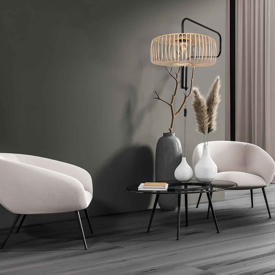Zwarte Wandlamp Bloeba 4160ZW met naturel bamboe kap