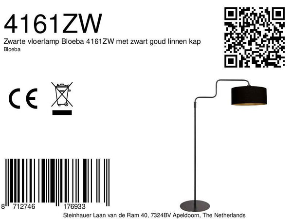 Zwarte vloerlamp Bloeba 4161ZW met zwart goud linnen kap