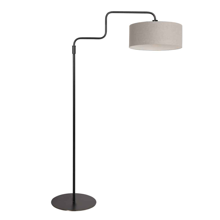 Zwarte vloerlamp Bloeba 4163ZW met grijs grof linnen kap