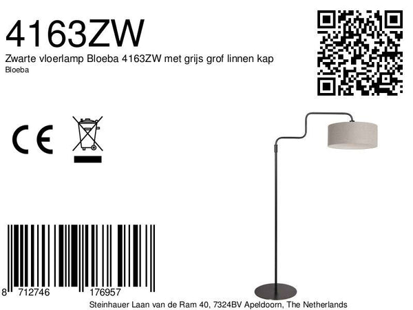 Zwarte vloerlamp Bloeba 4163ZW met grijs grof linnen kap