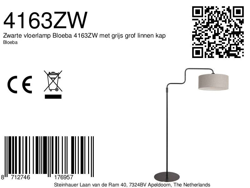 Zwarte vloerlamp Bloeba 4163ZW met grijs grof linnen kap
