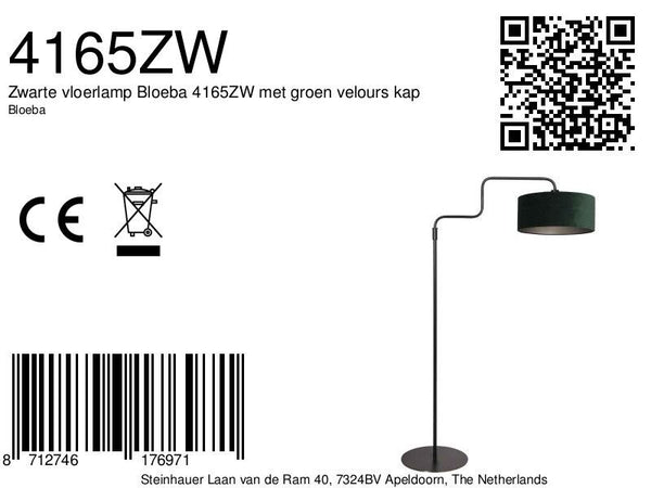 Zwarte vloerlamp Bloeba 4165ZW met groen velours kap