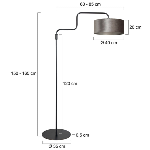 Zwarte vloerlamp Bloeba 4167ZW met grijs velours kap
