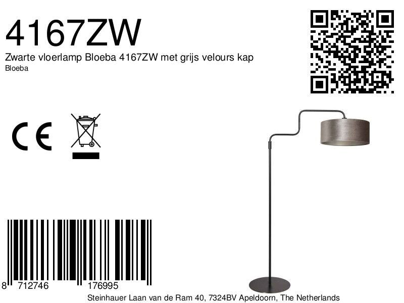 Zwarte vloerlamp Bloeba 4167ZW met grijs velours kap
