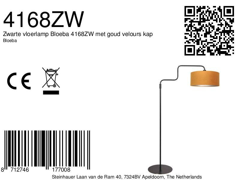 Vloerlamp bloeba 4168zw zwart met gouden velours kap